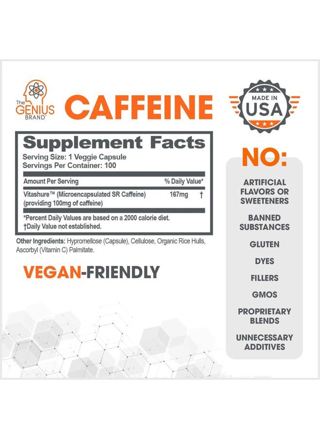 Genius Caffeine Pills 100mg, Extended-Release Microencapsulated Caffeine Pills - All-Natural Non-Crash Sustained Energy, Focus & Concentration Supplement - Nootropic Brain Booster - 100 Capsules