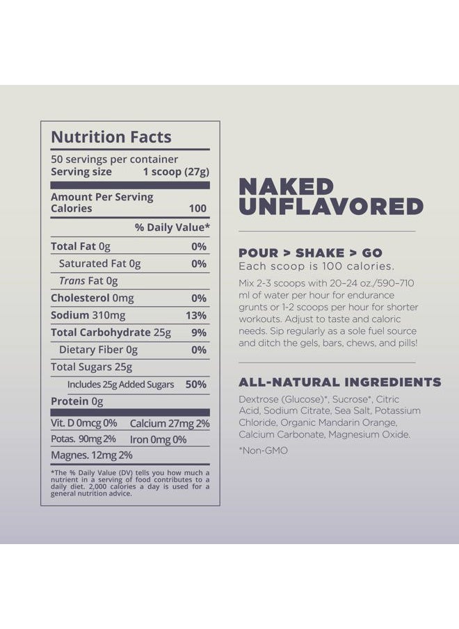 Endurance Fuel, Sports Drink Powder Mix with Electrolytes, Non-GMO, Free of Soy, Dairy, and Gluten, Vegan, Naked Unflavored, 50 Servings