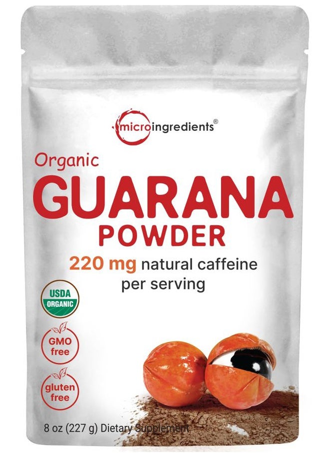 Organic Guarana Powder 1,000mg Per Serv, 8 Ounces | 220mg Natural Caffeine Energizer, Brazilian Herbal Extract, Raw, Bulk Superfood, Coffee Substitute, Vegan Friendly, & Non-GMO
