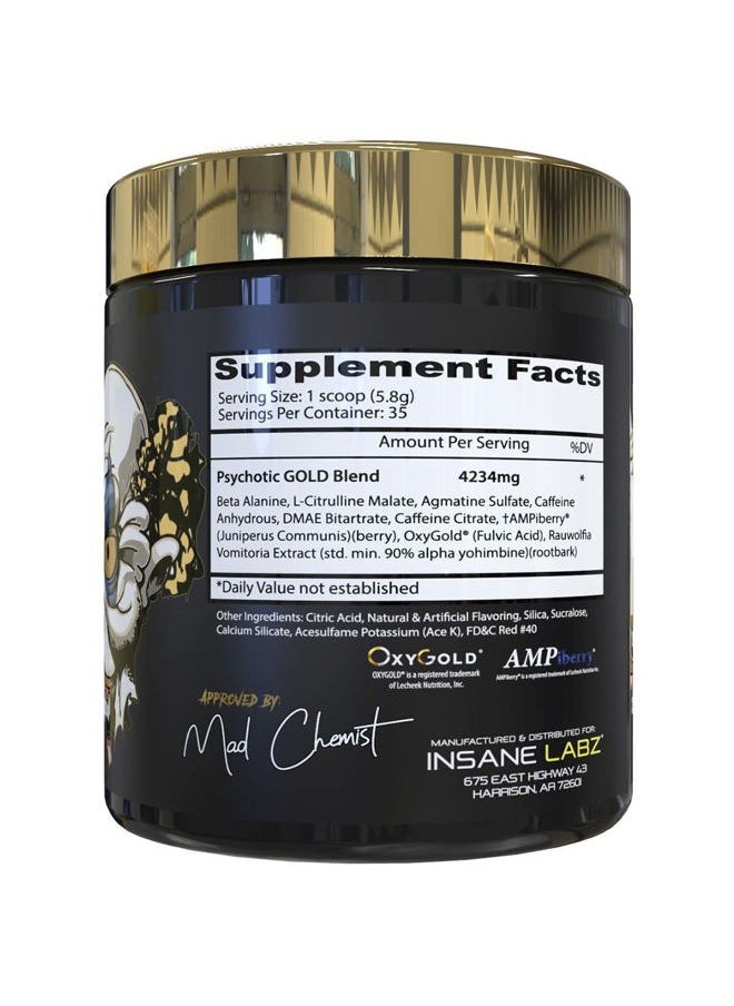 Psychotic Gold, High Stimulant Pre Workout Powder, Extreme Lasting Energy Focus, Pumps and Endurance with Beta Alanine, DMAE Bitartrate, NO Booster (35 Servings, Gummy Candy)