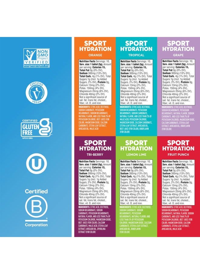 Sport Electrolyte Tablets with Magnesium, Calcium, Potassium, Chloride & Sodium, Gluten Free & Vegan, Mixed Flavors, 6 Pack (60 Servings Total)
