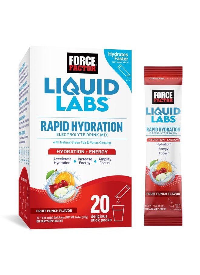 FORCE FACTOR Liquid Labs Energy Drink, Electrolytes Powder, Hydration Packets to Boost Energy & Focus, 5 Essential Electrolytes, Vitamins, Minerals, & Antioxidants, Fruit Punch Flavor, 20 Stick Packs