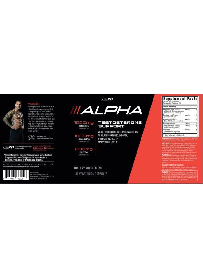 Alpha JYM Testosterone Support | Male Vitality, Hormone Optimization, Ashwagandha, Fenugreek, Eurycoma, Damiana, Quercetin, DIM | JYM Supplemental Science | 180 Vegetarian Capsules