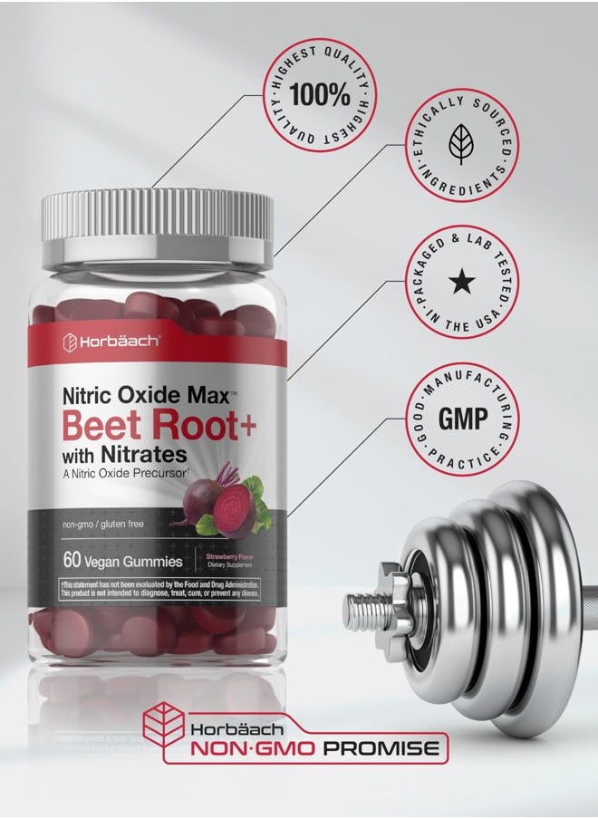 Nitric Oxide Beet Root Gummies | 60 Count | with Nitrates | Strawberry Flavor | Vegan, Non-GMO, Gluten Free Supplement