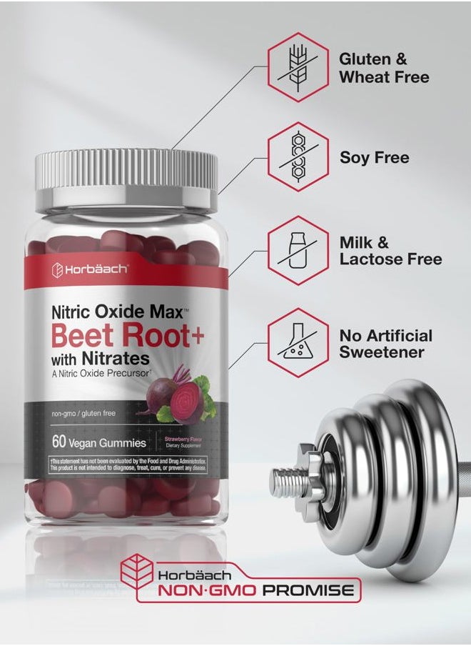 Nitric Oxide Beet Root Gummies | 60 Count | with Nitrates | Strawberry Flavor | Vegan, Non-GMO, Gluten Free Supplement