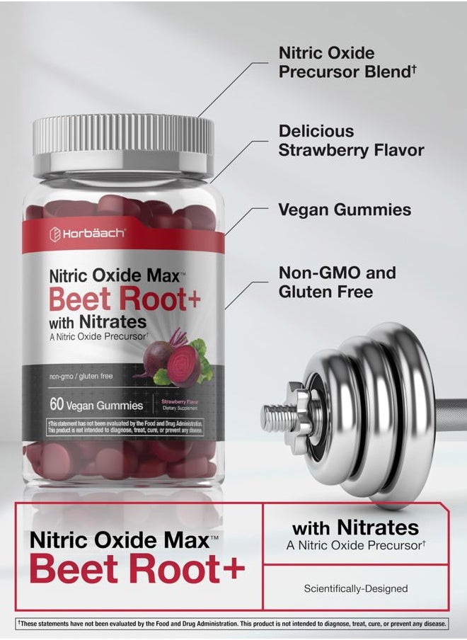 Nitric Oxide Beet Root Gummies | 60 Count | with Nitrates | Strawberry Flavor | Vegan, Non-GMO, Gluten Free Supplement