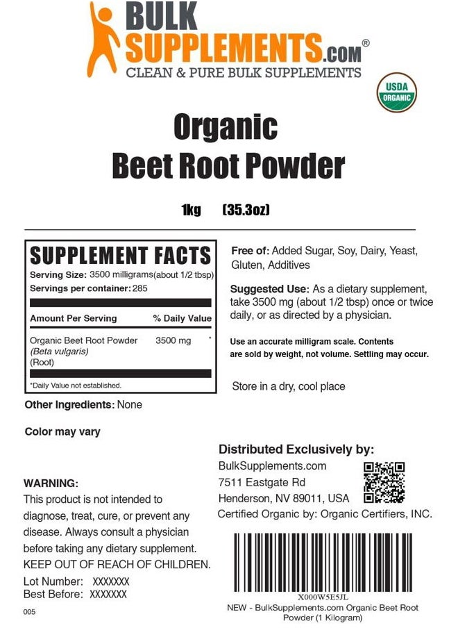 .com Organic Beet Root Powder - Superfood Supplement, Beet Root Supplements - Vegan & Gluten Free, 3.5g per Serving, 1kg (2.2 lbs) (Pack of 1)
