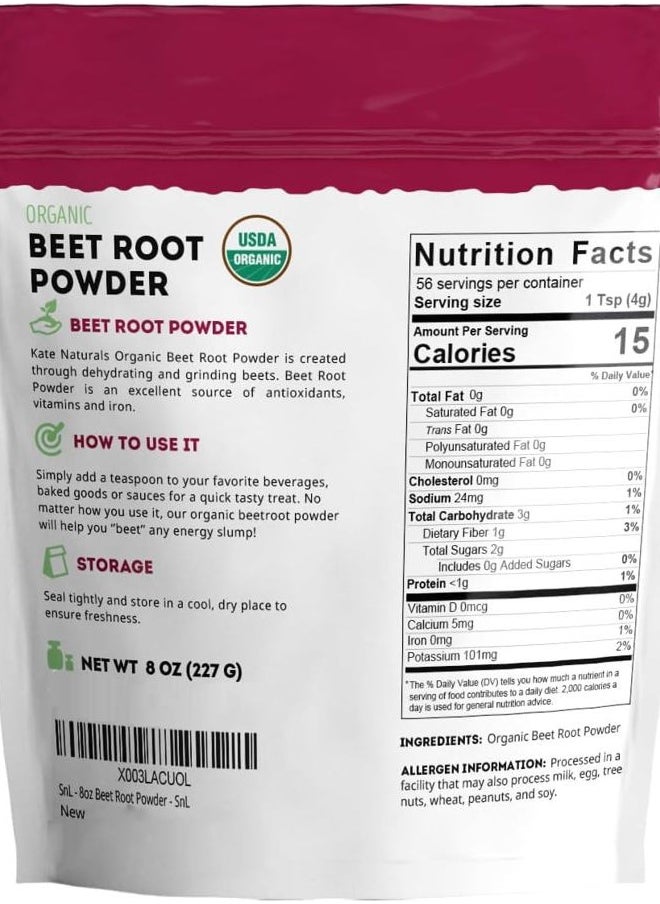 Beet Root Powder Organic for Smoothie, Energy Boost & Blood Pressure Support. Nitric Oxide Supplement for Workout (8oz, Earthy Flavor, Mix with Juice Easily)