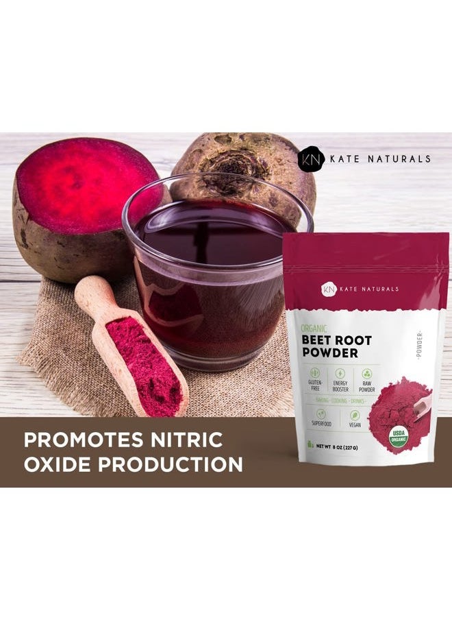 Beet Root Powder Organic for Smoothie, Energy Boost & Blood Pressure Support. Nitric Oxide Supplement for Workout (8oz, Earthy Flavor, Mix with Juice Easily)