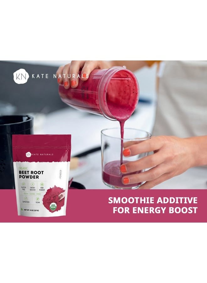 Beet Root Powder Organic for Smoothie, Energy Boost & Blood Pressure Support. Nitric Oxide Supplement for Workout (8oz, Earthy Flavor, Mix with Juice Easily)
