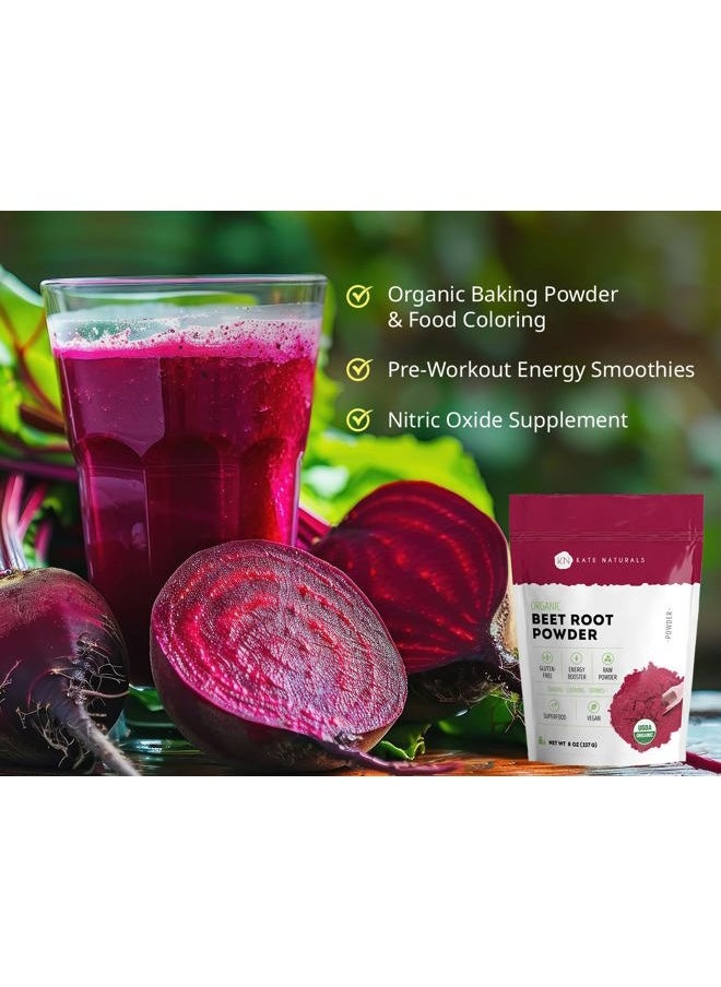 Beet Root Powder Organic for Smoothie, Energy Boost & Blood Pressure Support. Nitric Oxide Supplement for Workout (8oz, Earthy Flavor, Mix with Juice Easily)