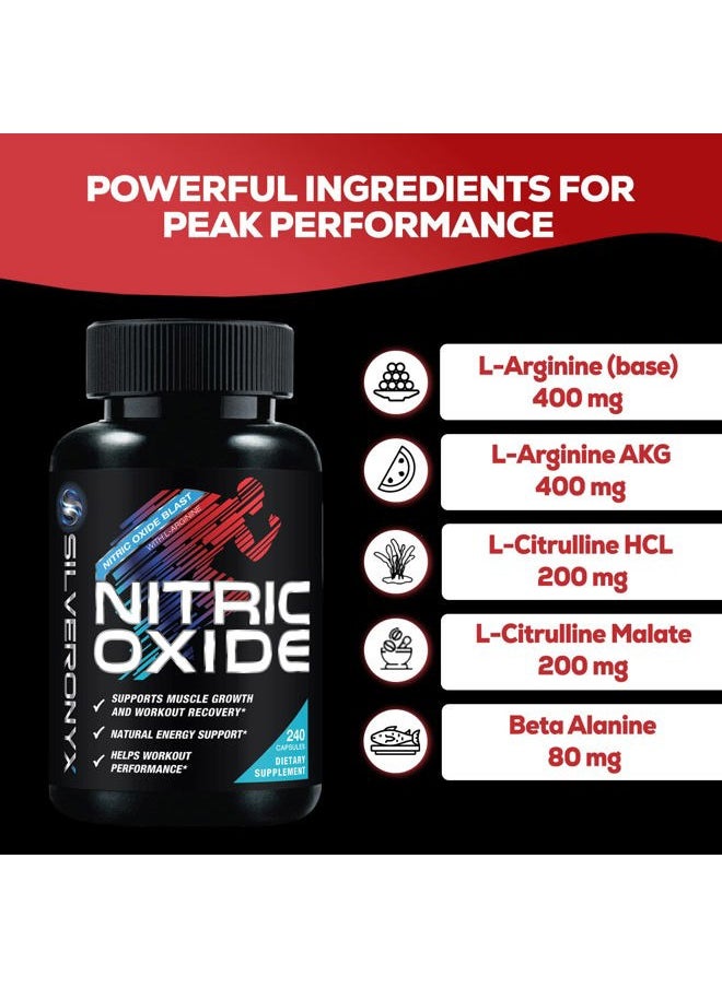 Extra Strength Nitric Oxide Supplement 3X Strength L Arginine, Citrulline Malate, AAKG, Beta Alanine - Premium Muscle Supporting Nitric Booster - Natural Energy & Heart Health Support - 240 Capsules
