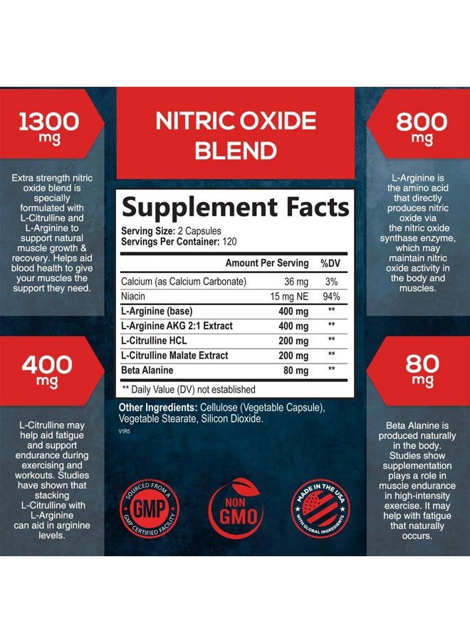 Extra Strength Nitric Oxide Supplement 3X Strength L Arginine, Citrulline Malate, AAKG, Beta Alanine - Premium Muscle Supporting Nitric Booster - Natural Energy & Heart Health Support - 240 Capsules