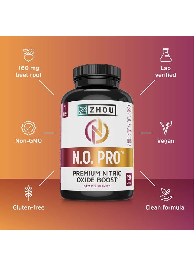 Zhou Nitric Oxide with L Arginine, Citrulline Malate, AAKG and Beet Root | Powerful N.O. Booster and Muscle Builder for Strength, Blood Flow and Endurance | 30 Servings, 120 Veggie Caps
