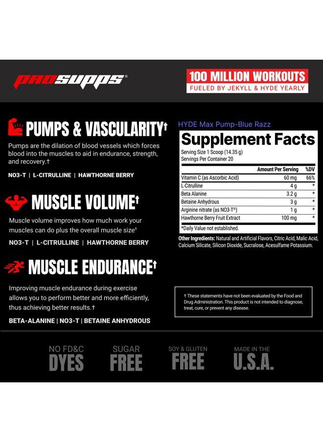 Hyde Max Pump Pre Workout for Men and Women - Nitric Oxide Supplement for Pump and Endurance - Stimulant Free Pre Workout to Promote Blood Flow and Muscle Strength (Blue Razz, 20 Servings)
