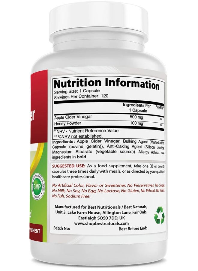 Apple Cider Vinegar Plus 500 Mg Capsules, 120 Count