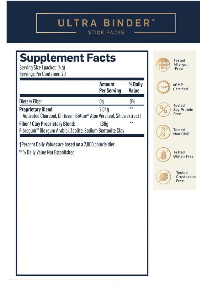 Ultra Binder Stick Packets - Multi Toxin Binder with Bentonite Clay Powder, Zeolite Detox & Charcoal - Supplement for Gut Support & The Body's Toxin Removal Process (20 Sticks)