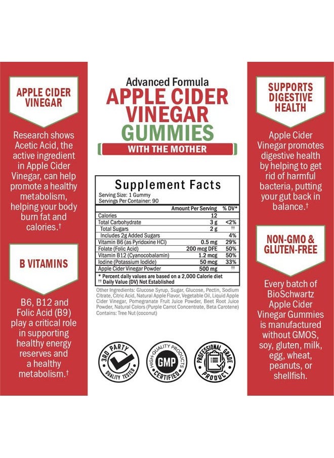 Apple Cider Vinegar Gummies for Weight Loss - ACV Gummies with The Mother for Women & Men - Energy Boost Bloat Digestive & Immune Support - Vitamin B12 B6 B 9 Folic Acid - Vegan Detox Cleanse -90Ct