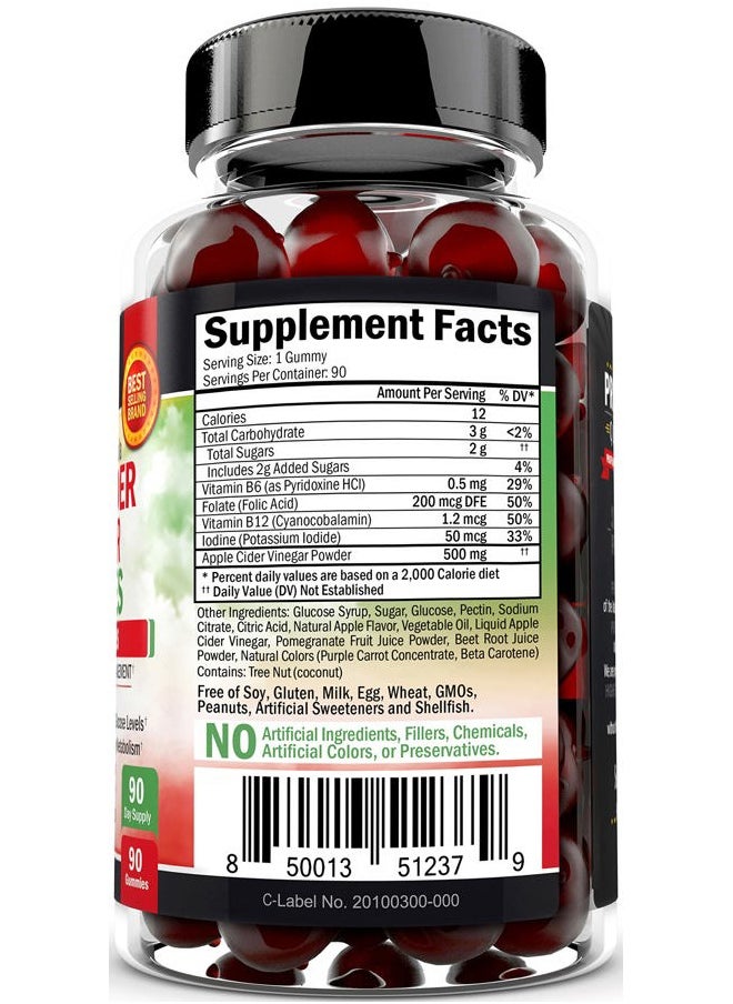 Apple Cider Vinegar Gummies for Weight Loss - ACV Gummies with The Mother for Women & Men - Energy Boost Bloat Digestive & Immune Support - Vitamin B12 B6 B 9 Folic Acid - Vegan Detox Cleanse -90Ct