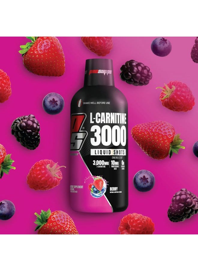 L-Carnitine Liquid 3000, Stimulant-Free Liquid Shots for Men & Women – Clean Workout Drink for Energy, Performance & Muscle Recovery - No Sugar, No Carbs - 31 Servings, Berry