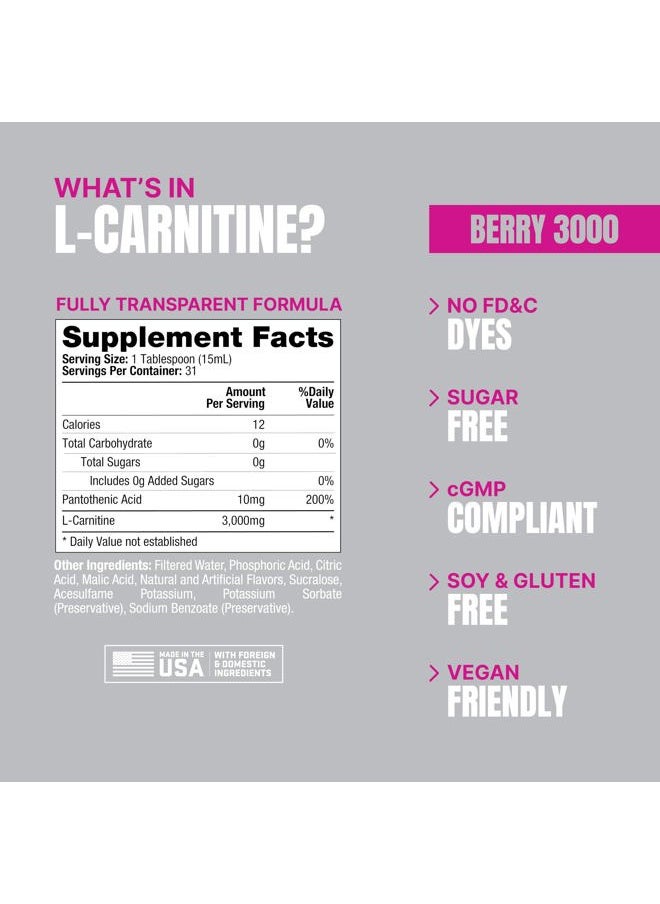 L-Carnitine Liquid 3000, Stimulant-Free Liquid Shots for Men & Women – Clean Workout Drink for Energy, Performance & Muscle Recovery - No Sugar, No Carbs - 31 Servings, Berry