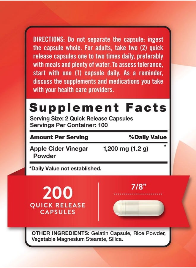 Apple Cider Vinegar Capsules | 1200mg | 200 Pills | Extra Strength | Value Size | Non-GMO, Gluten Free Supplement