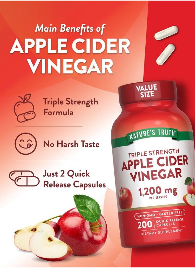 Apple Cider Vinegar Capsules | 1200mg | 200 Pills | Extra Strength | Value Size | Non-GMO, Gluten Free Supplement