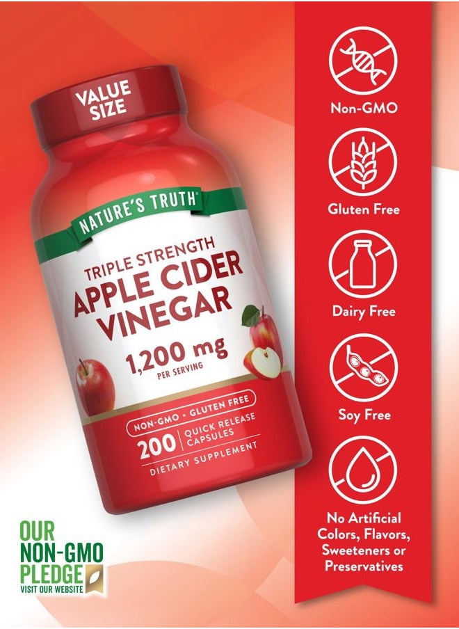 Apple Cider Vinegar Capsules | 1200mg | 200 Pills | Extra Strength | Value Size | Non-GMO, Gluten Free Supplement