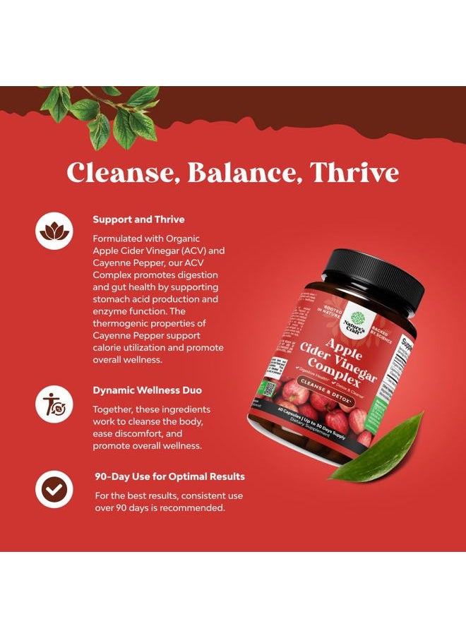 Cleansing Apple Cider Vinegar Capsules - ACV Cleanse and Detox Pills for Gut and Digestive Health with Slimming Cayenne - Extra Strength ACV Capsules for Gut Cleanse and Full Body Detox (30 Servings)
