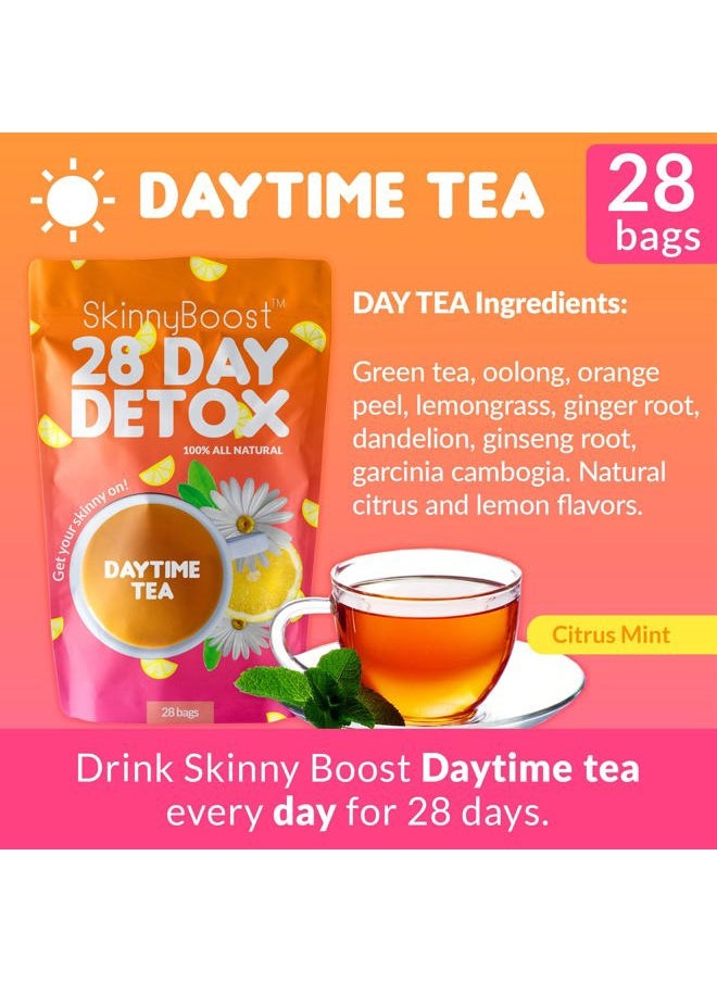 Skinny Boost Tea Kit-1 Daytime Tea (28 Bags) 1 Evening Detox Tea (14 Bags), Lean Greens Plus Superfood Powder, FREE Tumbler, Non GMO, Vegan, All Natural Detox and Cleanse