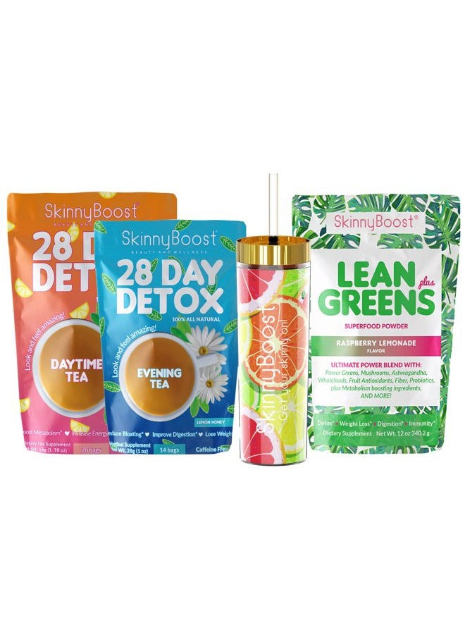 Skinny Boost Tea Kit-1 Daytime Tea (28 Bags) 1 Evening Detox Tea (14 Bags), Lean Greens Plus Superfood Powder, FREE Tumbler, Non GMO, Vegan, All Natural Detox and Cleanse