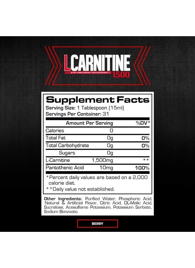 L-Carnitine Liquid 1500, Stimulant-Free Liquid Shots for Men & Women - Clean Workout Drink for Energy, Performance & Muscle Recovery - No Sugar, No Carbs - 31 Servings, Berry