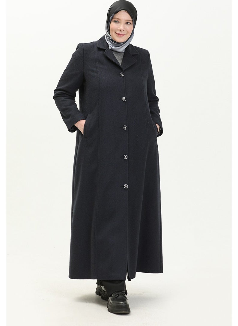 Plus Size Buttoned Cashmere Coat 0176-02 Navy Blue