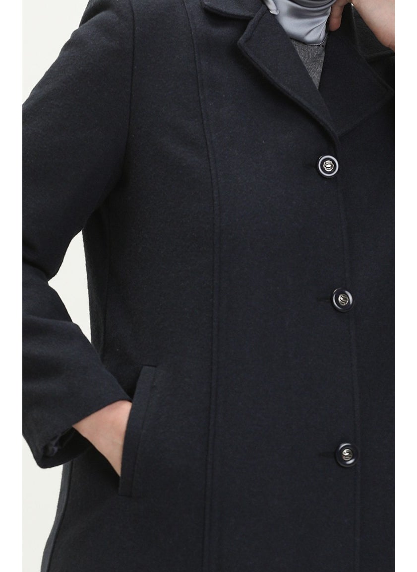 Plus Size Buttoned Cashmere Coat 0176-02 Navy Blue