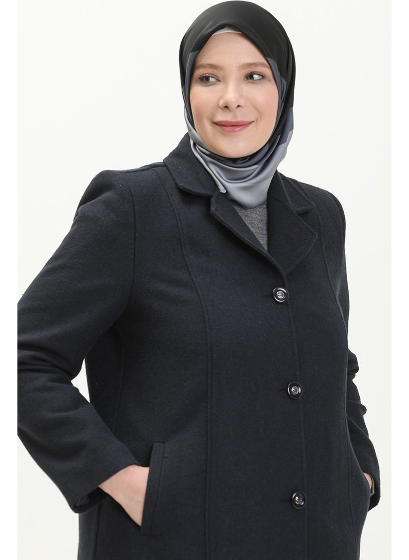 Plus Size Buttoned Cashmere Coat 0176-02 Navy Blue