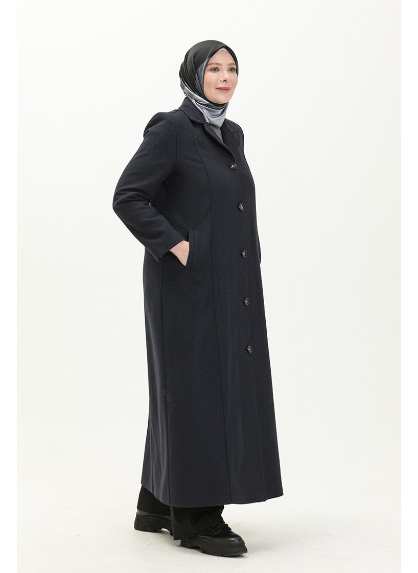 Plus Size Buttoned Cashmere Coat 0176-02 Navy Blue