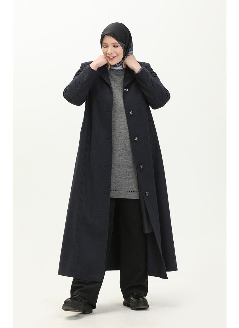 Plus Size Buttoned Cashmere Coat 0176-02 Navy Blue