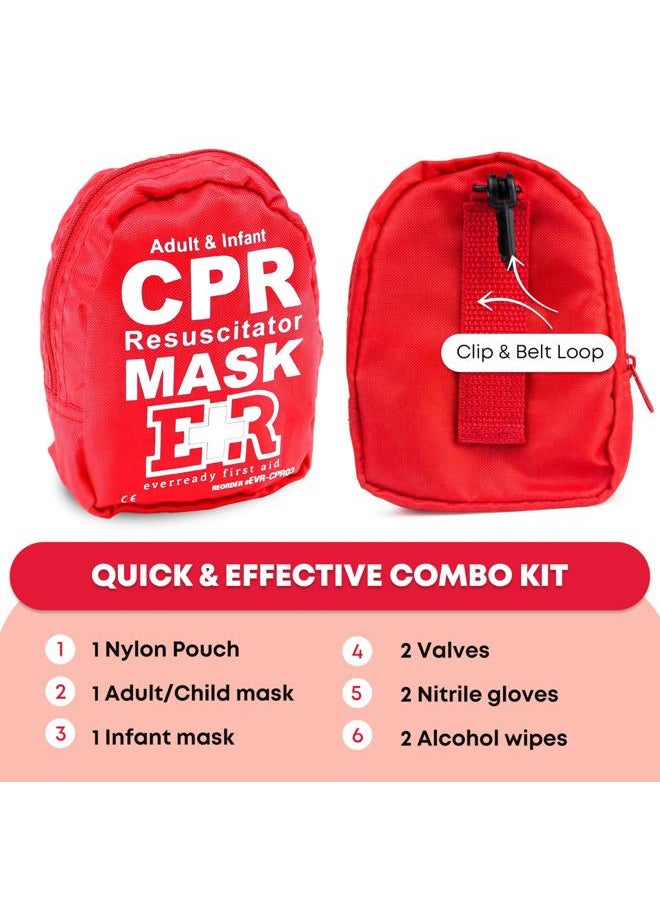 Adult and Infant CPR Mask Combo Kit with 2 Valves with Pair of Vinyl Gloves & 2 Alcohol Prep Pads - Red