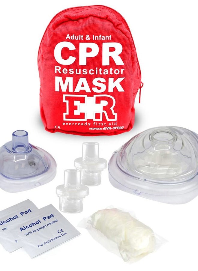 Adult and Infant CPR Mask Combo Kit with 2 Valves with Pair of Vinyl Gloves & 2 Alcohol Prep Pads - Red