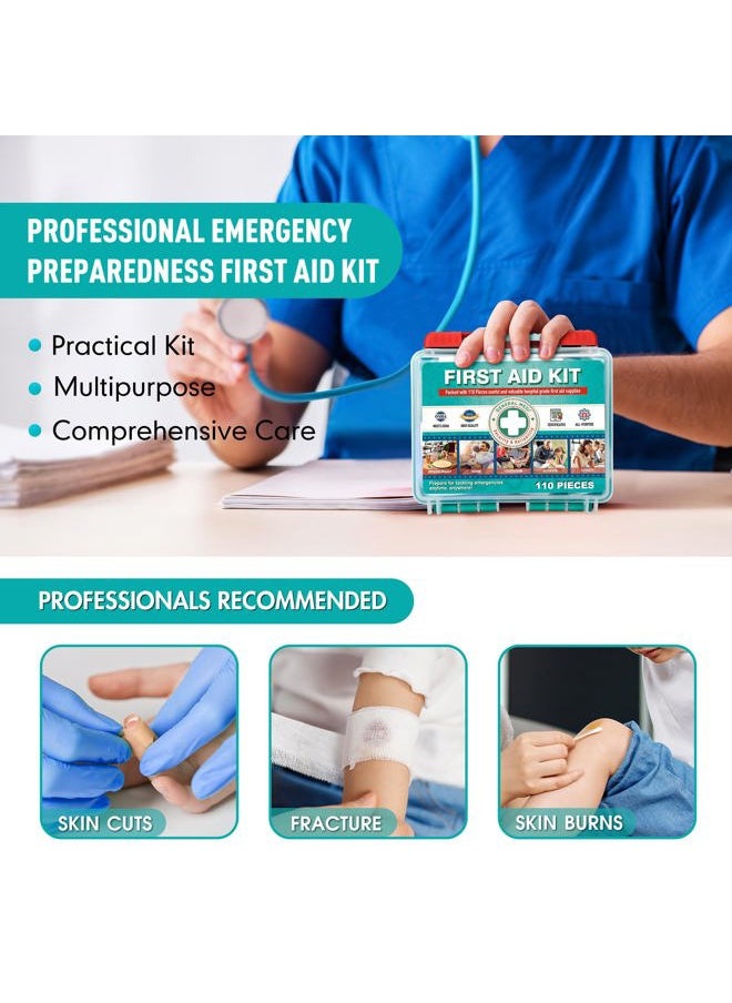 110 Pieces Small First Aid Kit - HardCase First Aid Box - Contains Premium Medical Supplies for Travel, Home, Office, Vehicle, Camping, Workplace & Outdoor