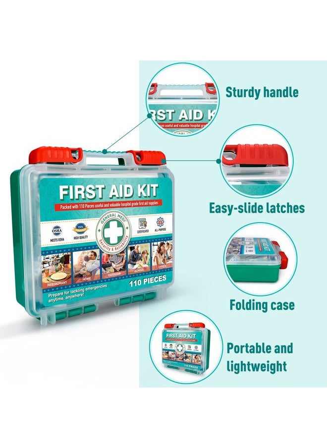 110 Pieces Small First Aid Kit - HardCase First Aid Box - Contains Premium Medical Supplies for Travel, Home, Office, Vehicle, Camping, Workplace & Outdoor