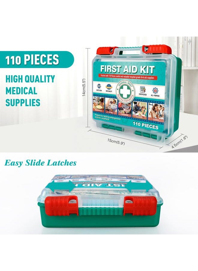 110 Pieces Small First Aid Kit - HardCase First Aid Box - Contains Premium Medical Supplies for Travel, Home, Office, Vehicle, Camping, Workplace & Outdoor