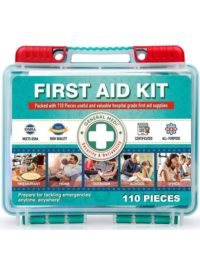 110 Pieces Small First Aid Kit - HardCase First Aid Box - Contains Premium Medical Supplies for Travel, Home, Office, Vehicle, Camping, Workplace & Outdoor