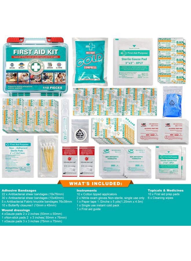 110 Pieces Small First Aid Kit - HardCase First Aid Box - Contains Premium Medical Supplies for Travel, Home, Office, Vehicle, Camping, Workplace & Outdoor