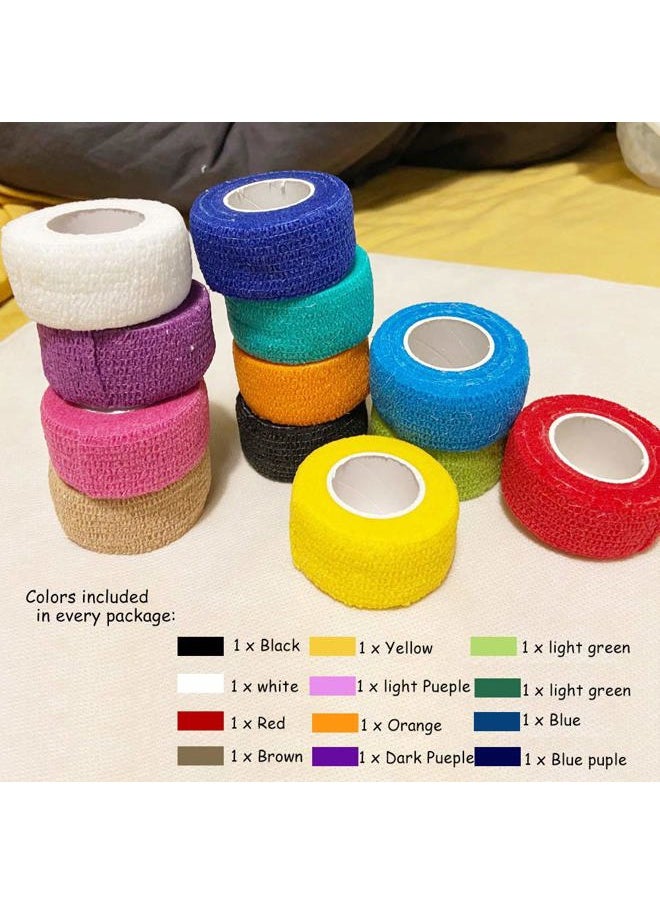 (12-Pack) 1” x 5 Yards | Self Adhesive Bandage Wrap, Kuvvfe Athletic Elastic Cohesive Bandage for Sports Injury,Strain,Knee & Wrist,Ankle Sprains & Swelling First Aid
