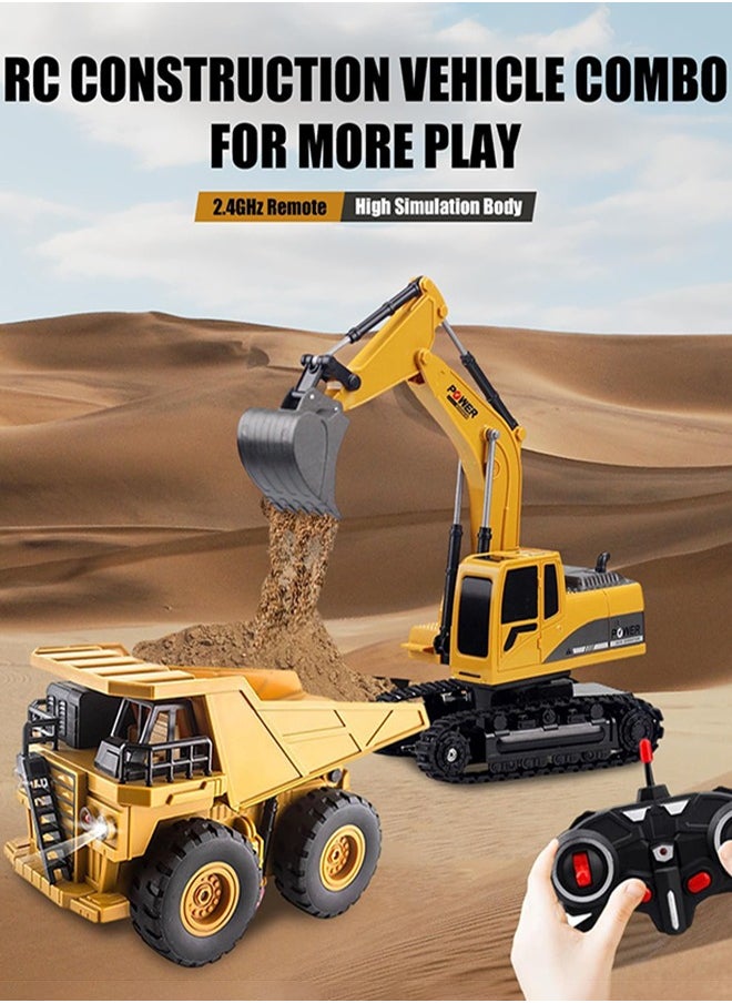 2 PCS Remote Control Construction Vehicle Toy Set, Friction-Powered RC Excavator & RC Dump Truck with Lights and Sounds for Imaginative Play, Birthday Gifts for Toddlers Boys Girls
