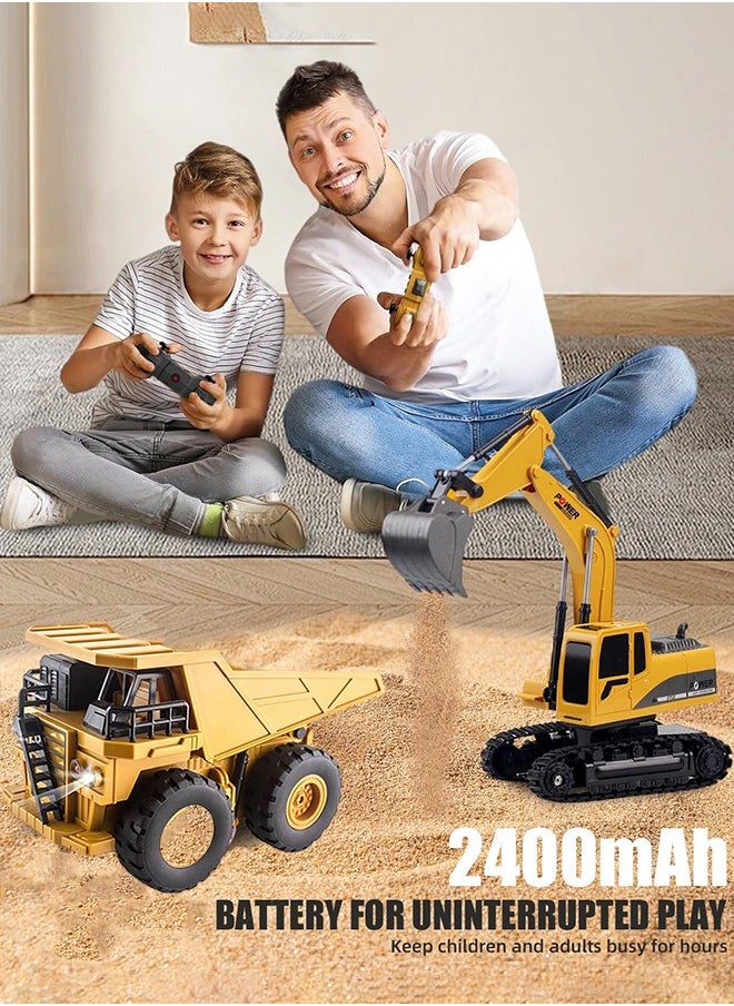 2 PCS Remote Control Construction Vehicle Toy Set, Friction-Powered RC Excavator & RC Dump Truck with Lights and Sounds for Imaginative Play, Birthday Gifts for Toddlers Boys Girls