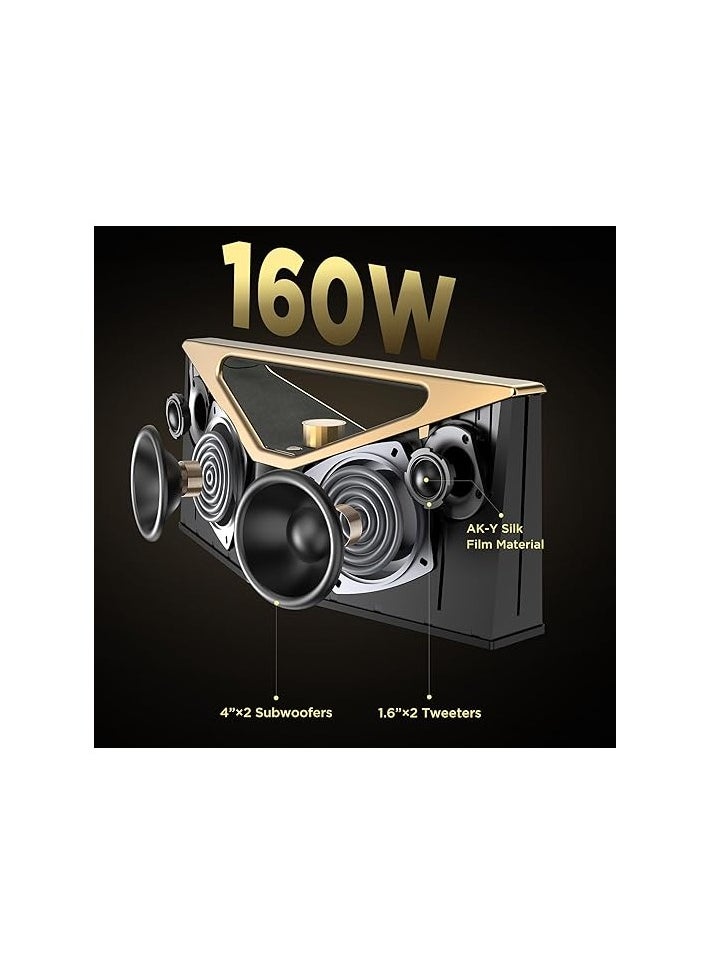 BUGANI Brief Pro Portable Bluetooth Speaker 160W, Hi-Res Audio, 12H Playtime, Loud Speaker with Subwoofer for Jazz, Outdoor Speaker for Camping, Beach, Party, Golden