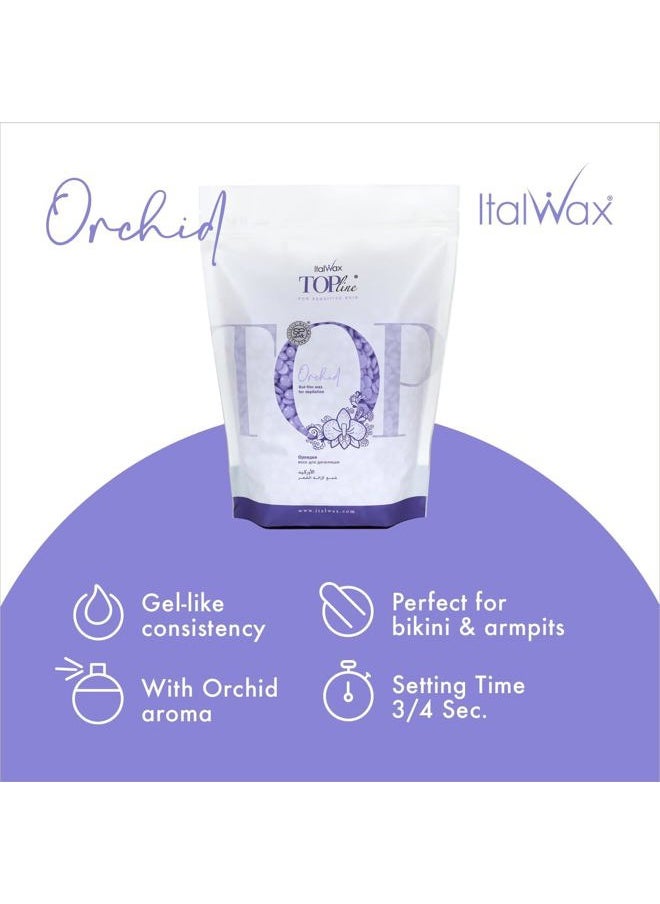 Top Line Orchid - 750g / 1.65lb - Hard wax beads for hair removal - Orchid fragrance - Synthetic formulation ideal for sensitive skins - Recommended for Bikini Area and Armpits