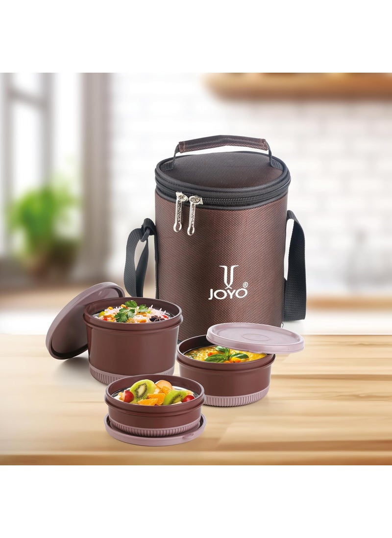 JOYO Foodway Omega Lunch Box with Zipper Pouch, 100% Leak Proof, 3 Stainless Steel Containers with BPA Free Airtight Lids (250ML, 375 ML, 525 ML) - (Brown)